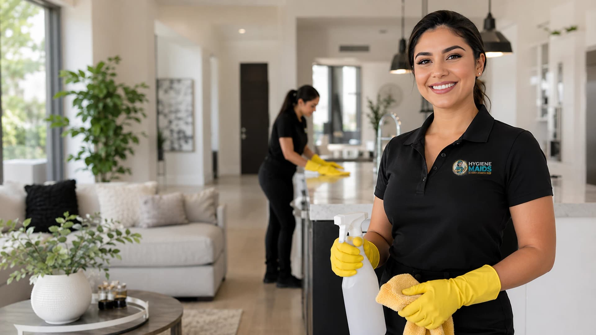 Hygiene Maids of Fort Worth cleaner in branded uniform holding cleaning supplies in a Fort Worth living room, with a second cleaner working behind her